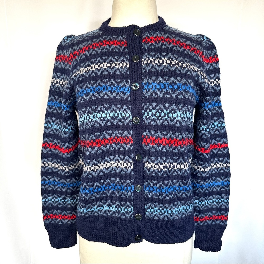 VTG JILL GREENWOOD WOOL HANDMADE PUFF SLEEVE BUTTON FRONT STRIPED CARDIGAN SzM